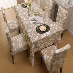 HOKIPO Set Of 6 Printed Stretchable Elastic Dining Chair Covers With Matching Tablecloth-image-50