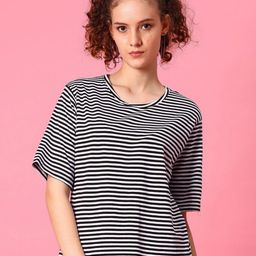V-Mart Striped Drop-Shoulder Sleeves Monochrome T-shirt-picture-19