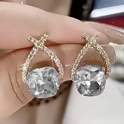 VAGHBHATT Gold-Plated CZ Studded Geometric Cushion-Cut Studs With Crossover Crystal Arch-53