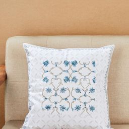 Fabindia Asta White & Blue Embroidered Cotton Square Cushion Cover-picture-23