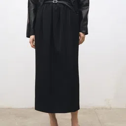 MANGO Wool Blend Straight Gather Detailed Midi Skirt-image-40