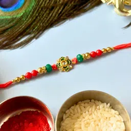 Green Stone Studded & Beaded Thread Rakhi Traditional Handmade Rakhi for Brother-83