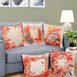 FABINALIV 5 PIeces Beige & Orange Reversible Digital Printed Velvet Square Cushion Covers-33