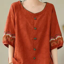 DressBerry Women Ethnic Motifs Embroidered Puff Sleeve Cotton Top-picture-36