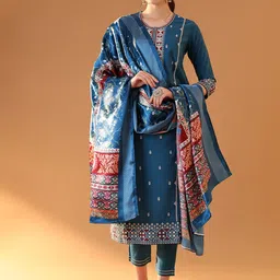 Tulsattva Geometric Embroidered Regular Chanderi Cotton Kurta With Trouser With Dupatta-image-59