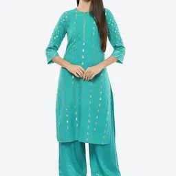 Rangriti Women Turquoise Blue & Golden Geometric Printed Brocade Kurta-image-25