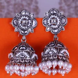 Sangria Silver-Plated Kundan-Studded & Beaded Oxidised Dome Shaped Jhumkas-17