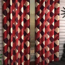 BELLA TRUE Red 4 Pieces Geometric Printed Window Curtains-1