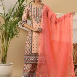 Juniper Women Floral Printed Regular Beads and Stones Pure Cotton Kurta with Trousers & With Dupatta-58