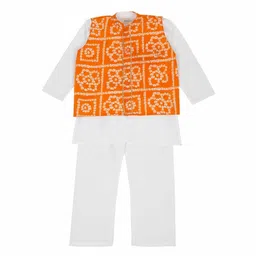 LITTLE GINNIE Boys Bandhani Printed Straight Pure Cotton Kurta With Pyjamas and Jacket-21