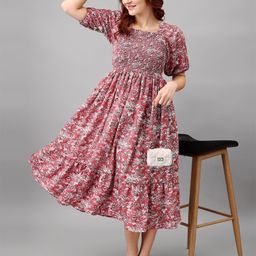 Jash Creation Floral Printed Smocked Detail Fit & Flare Midi Dress-image-52