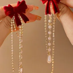 Celestria Korean Artificial Stones Studded & Beaded Bow Shaped Drop Earrings-6