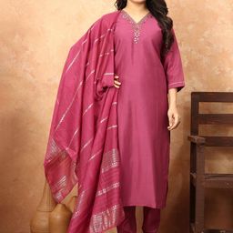TWINS LADY Floral Yoke Design Regular Thread Work Kurta with Trousers & With Dupatta-image-33