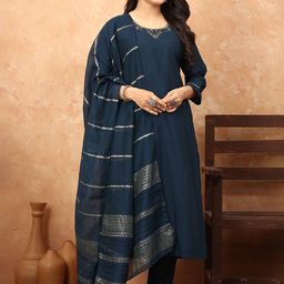 TWINS LADY Floral Regular Thread Work Kurta with Trousers & With Dupatta-image-25