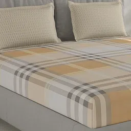 Monte Carlo Beige Checked Cotton 210 TC Queen Bedsheet Set 2.30 m x 2.50 m-4