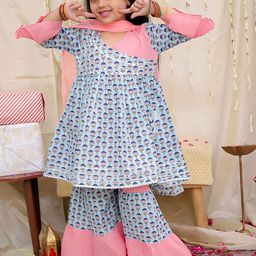 KID1 Girls Floral Printed Pure Cotton Kurti with Sharara & Dupatta-image-92