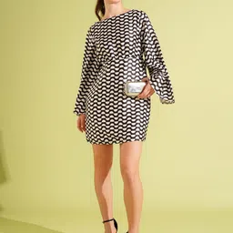 Globus Print Flared Sleeve Satin A-Line Mini Dress-picture-33