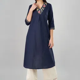 RANGMANCH BY PANTALOONS Floral Yoke Design Thread Work V-Neck Cotton Linen A-Line Kurta-picture-19