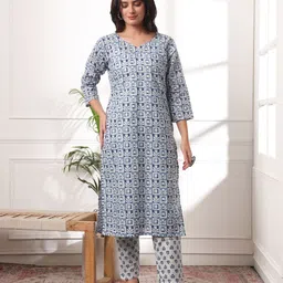 KALINI Women Floral Printed Regular Pure Cotton Kurti with Trousers & With Dupatta-image-91