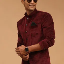 SHRESTHA BY VASTRAMAY Polka Dot Printed Velvet Mandarin Collar Slim Fit Bandhgala Blazers-picture-39