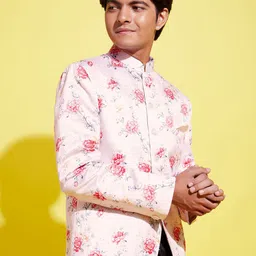 VASTRAMAY Boys Peach, Pink and Grey Printed Slim-Fit Bandhgala Blazer-56