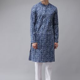 See Designs Men Blue Printed Thread Work Indigo Kurta-image-90