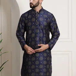 SOJANYA Men Navy Blue & Golden Ethnic Motifs Printed Indigo Kurta-image-84