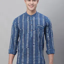 Pistaa Men Ethnic Motifs Hand Block Printed Pure Cotton Indigo Kurta-picture-18