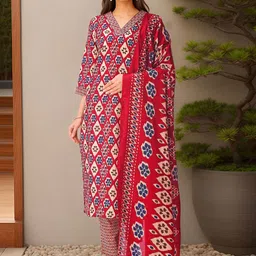 Banwaree Ethnic Motifs Printed Thread Work Pure Cotton Kurta With Trousers & Dupatta-3