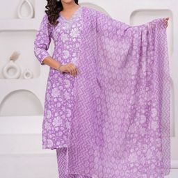 SINGNI Floral Printed V-Neck Pure Cotton Straight Kurta With Trousers & Dupatta-picture-26