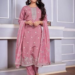 Anushansa Floral Embroidered Pure Silk Straight Kurta With Trousers & Dupatta-56