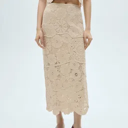 MANGO Floral Self-Design Pure Cotton Crochet Midi Straight Skirt with Side Slits-image-19