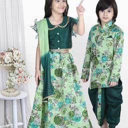BownBee Girls Green & Grey Printed Ready to Wear Lehenga & Blouse With Dupatta-10