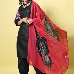 Sangria Black Floral Embroidered Tie-Up Neck Mirror Work Straight Kurta & Salwar & Dupatta-21