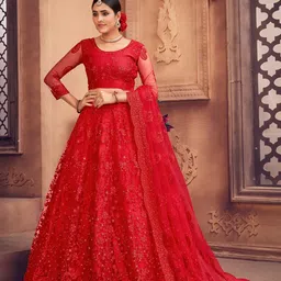 KALINI Red Embroidered Beads and Stones Tie Dye Semi-Stitched Lehenga & Unstitched Blouse With Dupatta-picture-17