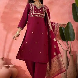 MANVAA Floral Embroidered Notch Neck Sequinned Straight Kurta With Trousers & Dupatta-image-17