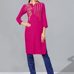 Kvsfab Notched Neck Ethnic Motifs Embroidered Straight Kurta-picture-41