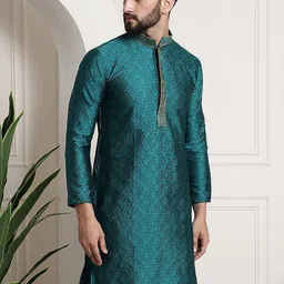 ROYAL KURTA Ethnic Motifs Woven Design Mandarin Collar Jacqaurd Silk Straight Kurta-image-22