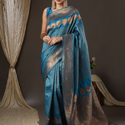 Saree mall Blue & Gold-Toned Woven Design Zari Silk Blend Kanjeevaram Sarees-image-78
