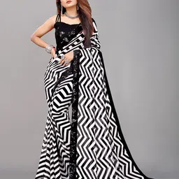 B4ME COM Black & White Sequinned Pure Georgette Saree-picture-0