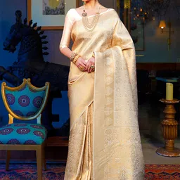 Mitera Cream-Coloured & Gold-Toned Woven Design Zari Silk Blend Banarasi Saree-7