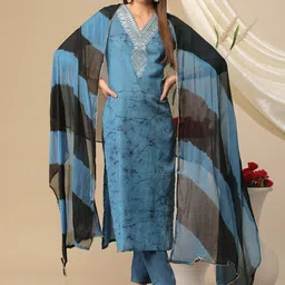KALINI Floral Embroidered V Neck Regular Straight Kurta With Trousers & Dupatta-55
