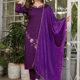 KALINI Notch Neck Floral Embroidered Thread Work Straight Kurta With Trousers & Dupatta-picture-12