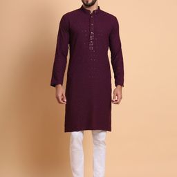SWAGG INDIA Embellished Mandarin Collar Thread Work Straight Kurta-image-90