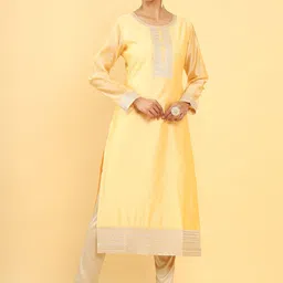 Soch Women Yellow Floral Motifs Yoke Design Thread Work Kurta-image-43