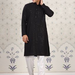 House of Pataudi Ethnic Motifs Embroidered Sequinned Detail Mandarin Collar Straight Kurta-image-65