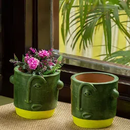 ExclusiveLane Set Of 2 Abstract Faces Patterned Handcrafted Terracotta Table Planters Pot-55