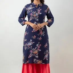 MAUKA Women Navy Blue Floral Printed Kurta with Palazzos-image-38