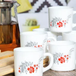 Cello White & Red Red Red Floral Printed Opalware Glossy Cups Set of Cups and Mugs-58