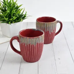 CLIO'S HERITAGE STORE Red & Grey 2-Pieces Textured Ceramic Glossy Coffee Mugs 300 ml-5